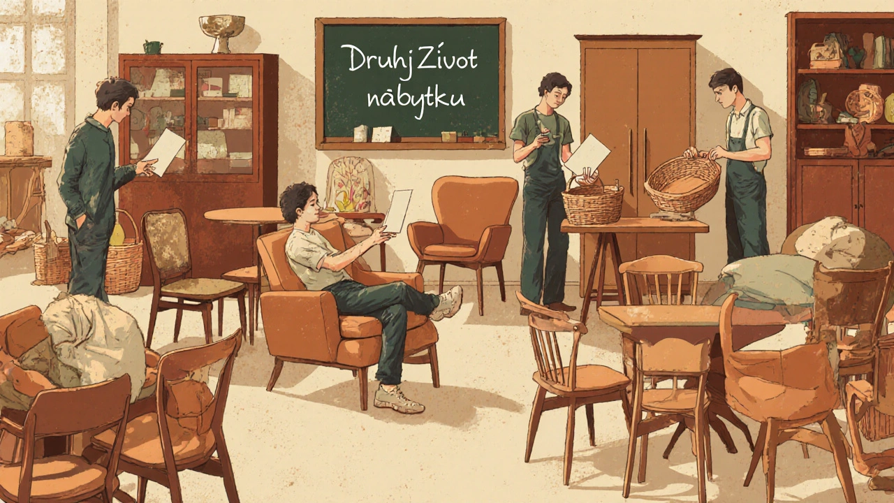 Obnovovací centrum s opravovaným nábytkem a zákazníky v Česku.