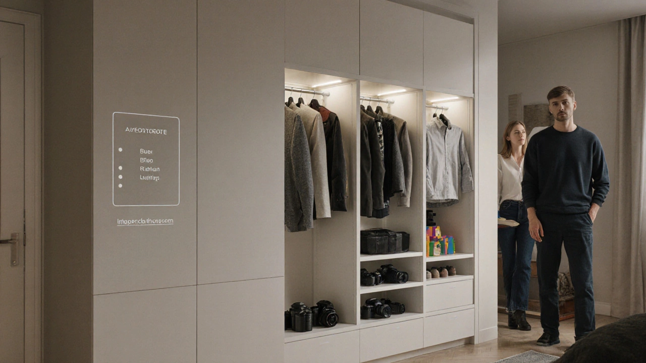 Personalizovaná chytrá skříň s moduly pro fotografii a hračky, integrovaná do zdi v moderním bytě.