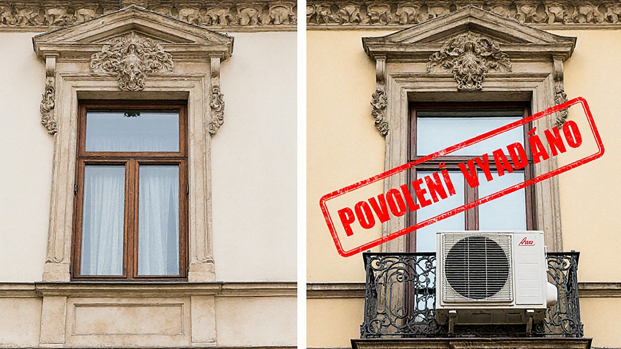 Porovnání fasády bytového domu s původními a moderními okny a klimatizací.
