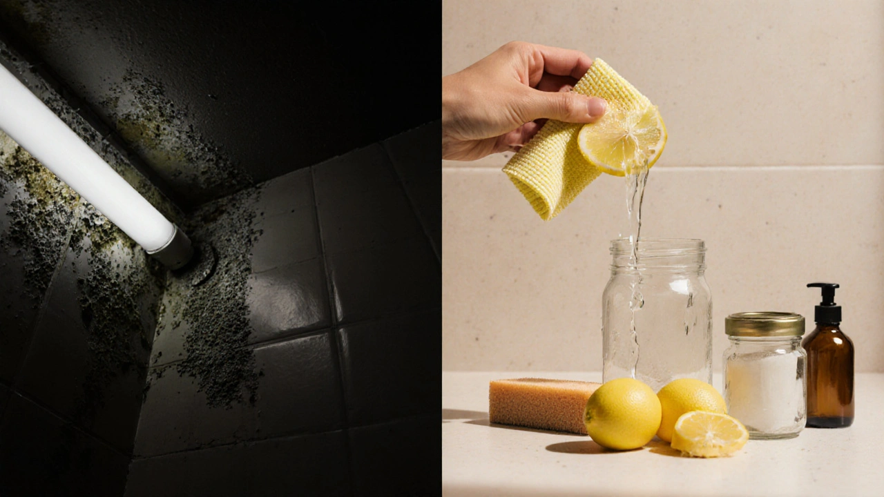 Porovnání špinavého a čistého koupelnového rohu s přírodním čištěním.