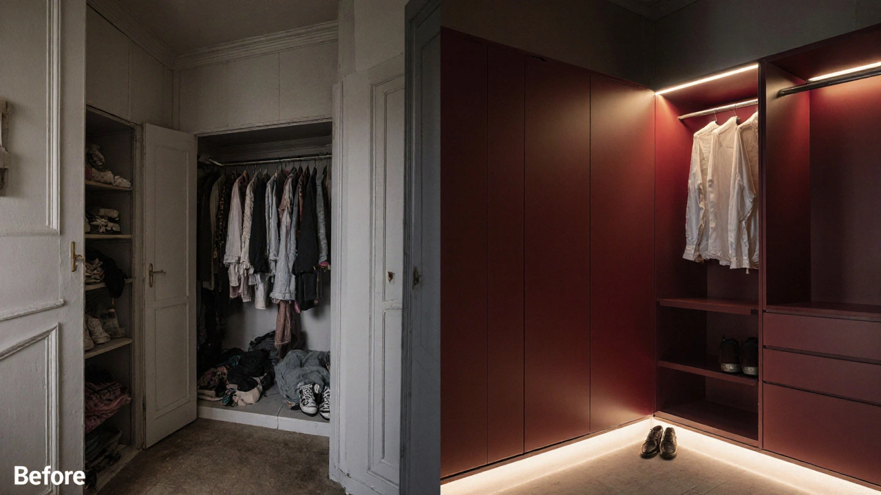 Před a po: rušný prostor s volně stojícími skříněmi vs. čistý, moderní prostor s vestavěnou skříní.