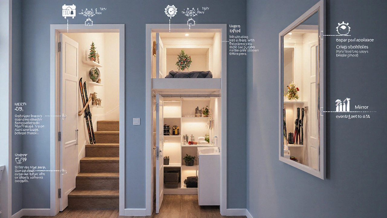 Přehled skrytých úložných prostorů v malém bytě: police nad dveřmi, pod schody a za zrcadlem.