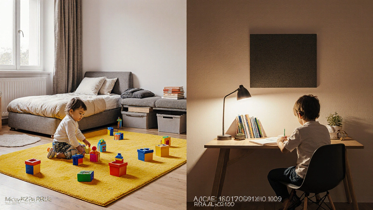 Přeměna dětské zóny od hry ke studiu: stejný prostor v dvou fázích s různým vybavením.