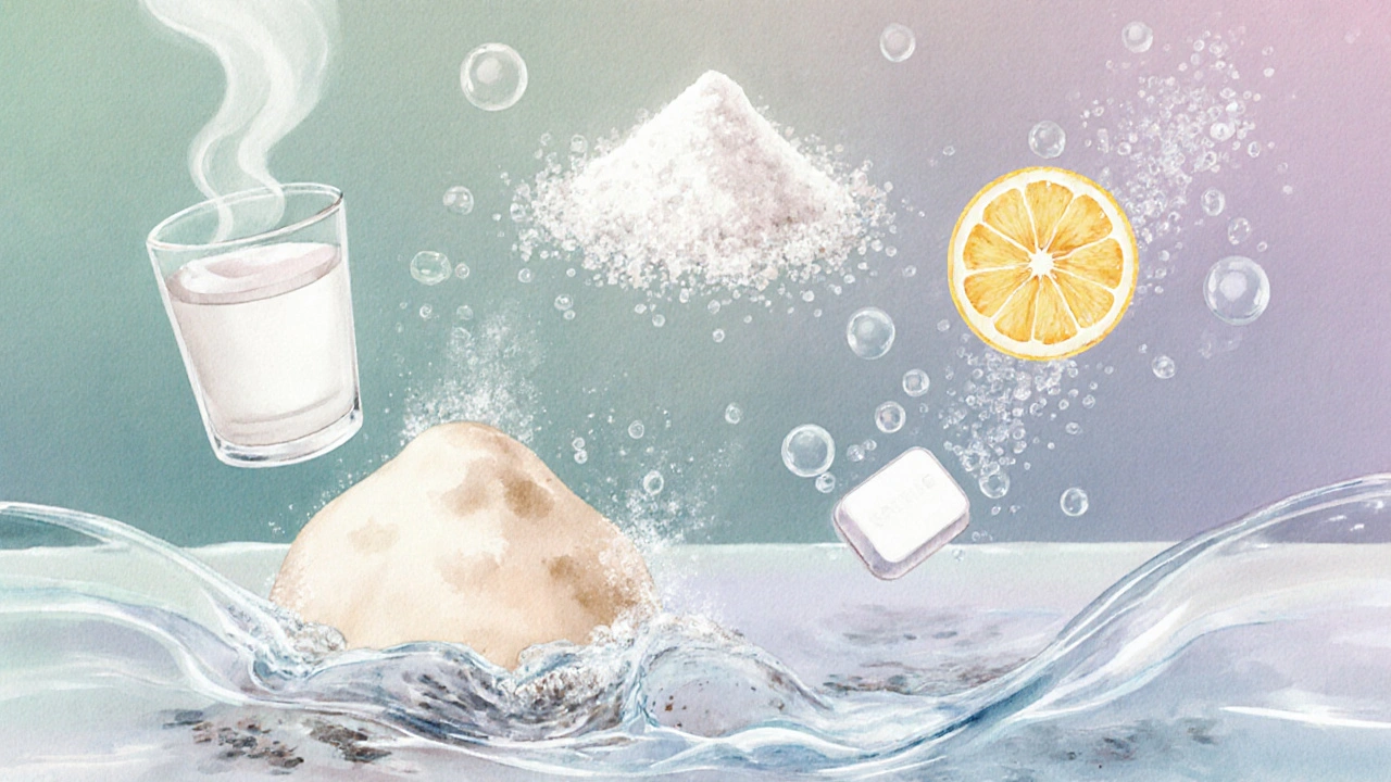 Přírodní čisticí prostředky: ocet, soda, citronová kyselina a perkarbonát.