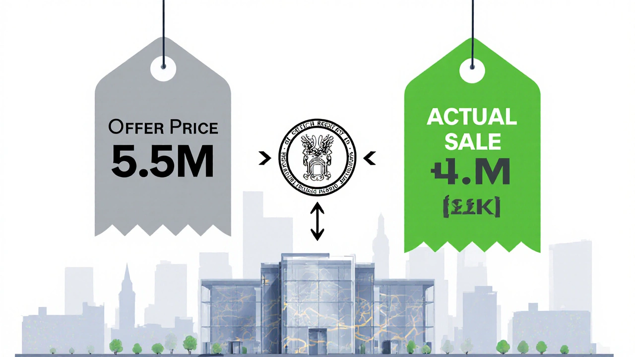 Průhledný dům s dvěma cenami: nabídkovou a skutečnou prodejní, s úředním znakem katastru.