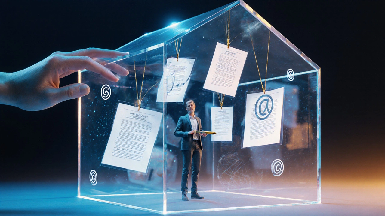 Průhledný dům s prvkami autorského práva a umělé inteligence ve vnitřních stěnách.