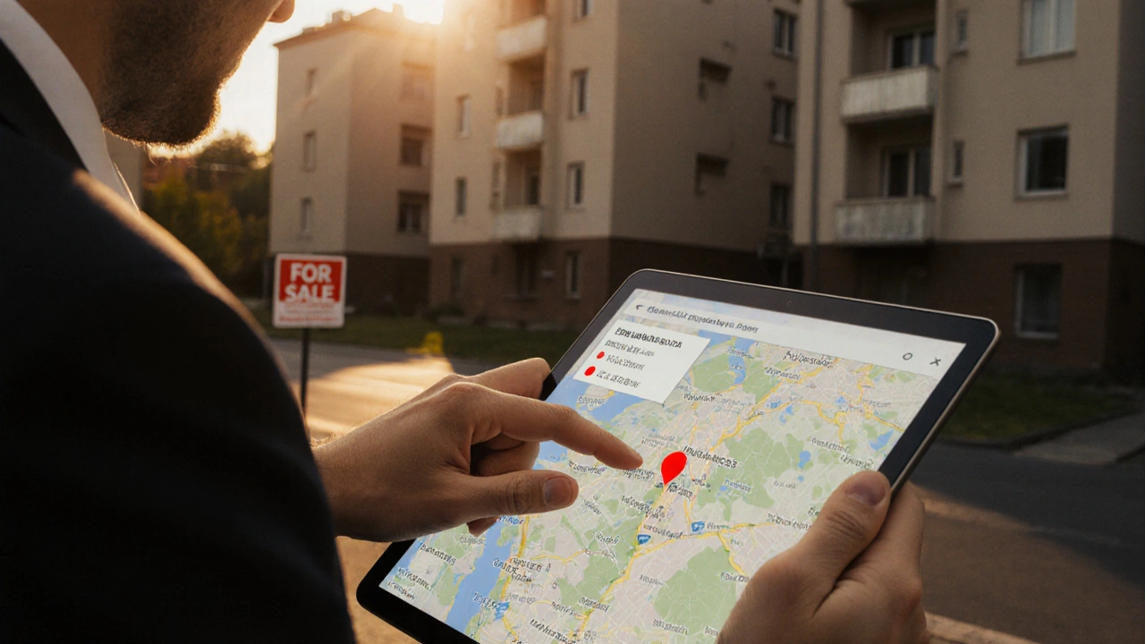 Realitní makléř ukazuje na mapě skutečných prodejů nemovitostí v české čtvrti.