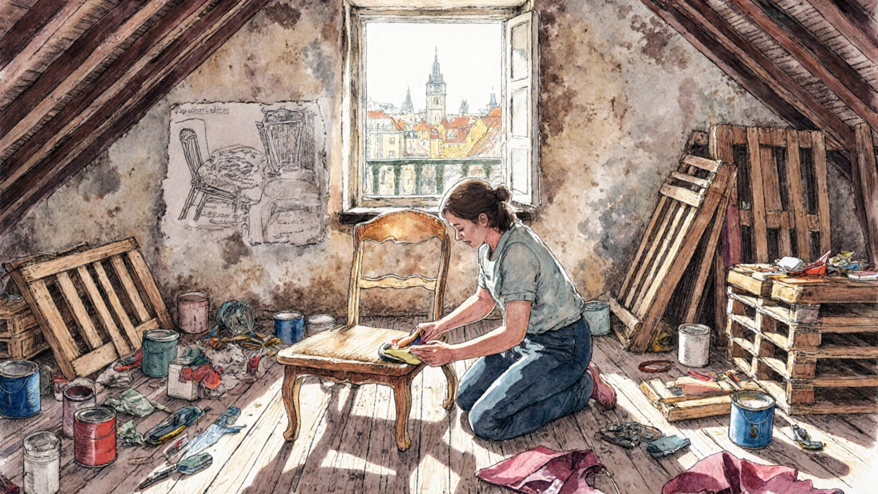 Ruka přeměňuje starou židli na stůl v dílně plné dřeva a textilií.