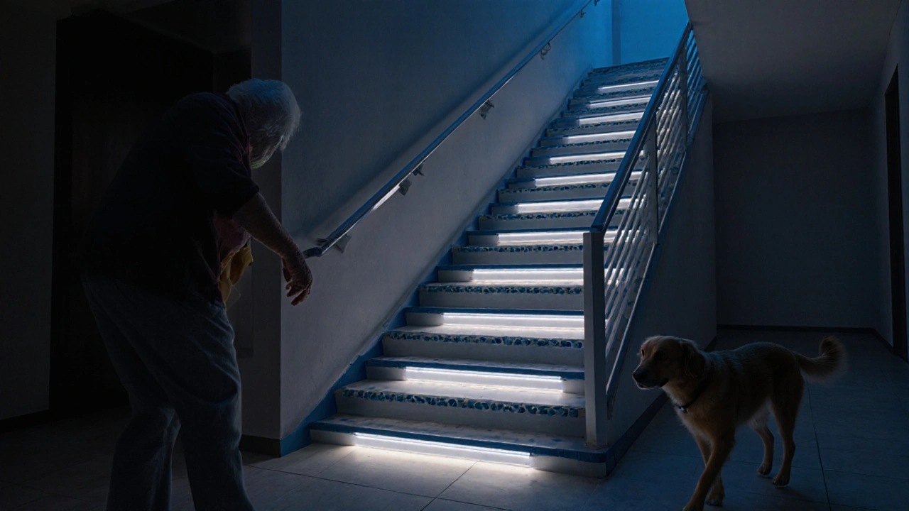 Schodiště s integrovaným osvětlením a bezpečnými lištami, osvětlené v noci.