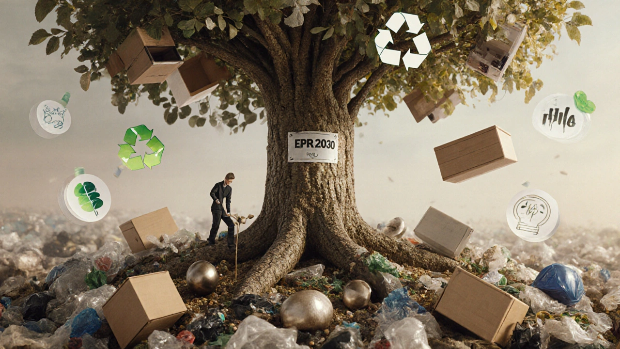 Strom složený z recyklovaného nábytku roste z odpadu, symbolizující udržitelnost.