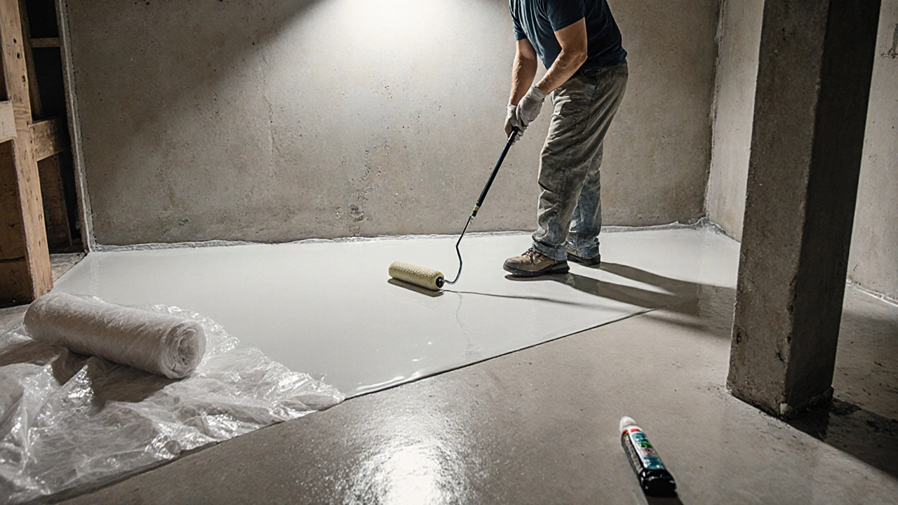 Technik aplikuje hydroizolaci na podlahu a stěny koupelny.