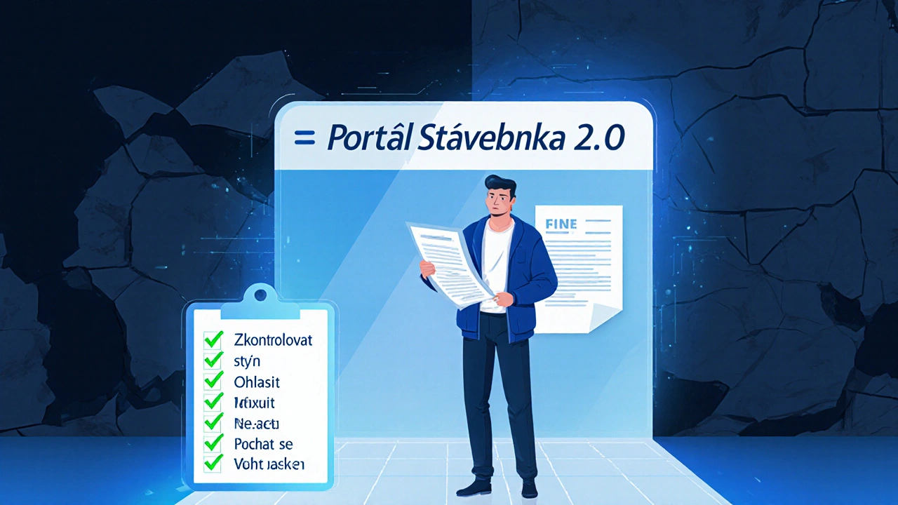 Vlastník bytu před digitálním portálem pro stavební povolení s návrhem pokuty.