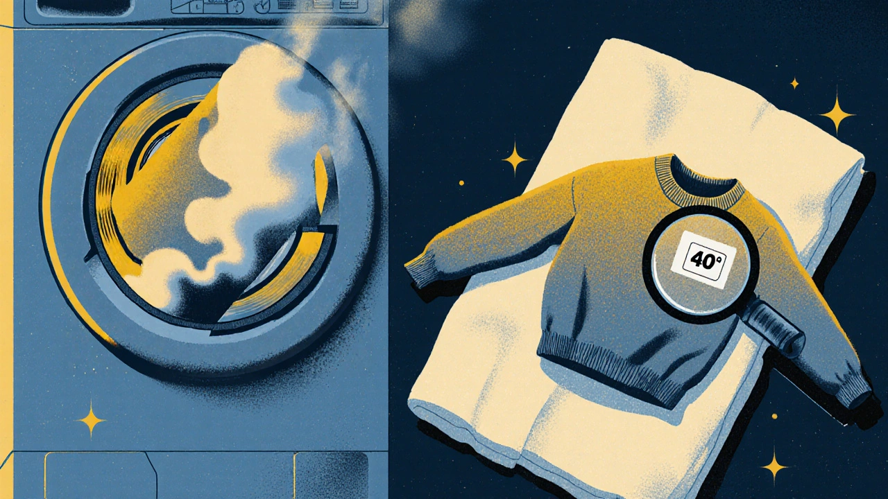 Vlněný svetr se smršťuje v pračce, vedle něj stejný svetr uložený na ručníku.