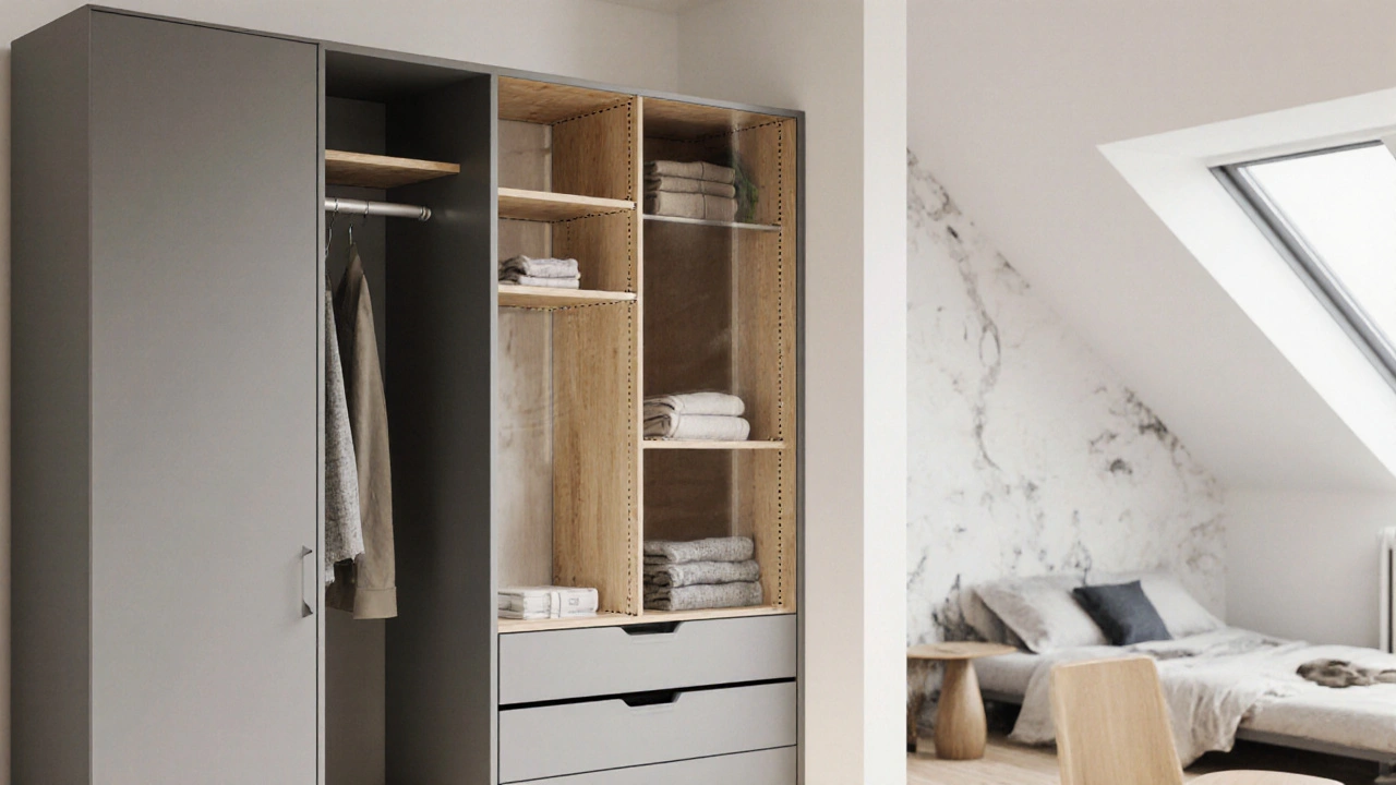 Vnitřní uspořádání vestavěné skříně s rozdělením na denní, sezónní a dlouhodobé úložiště a větracími otvory.