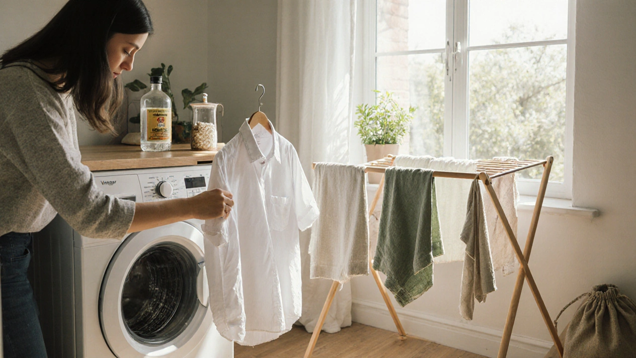 Žena prae při 20°C s přírodními prostředky, textilie suší na věšáku ve světle.
