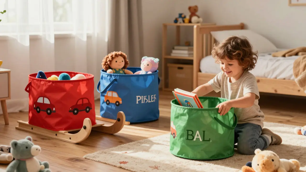 Barevné látkové koše ve tvaru saní v dětském pokoji s hračkami.