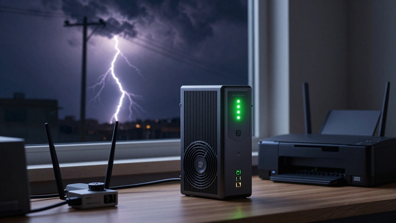 Bouřka venku, UPS chrání počítač, ostatní zařízení jsou bez ochrany.