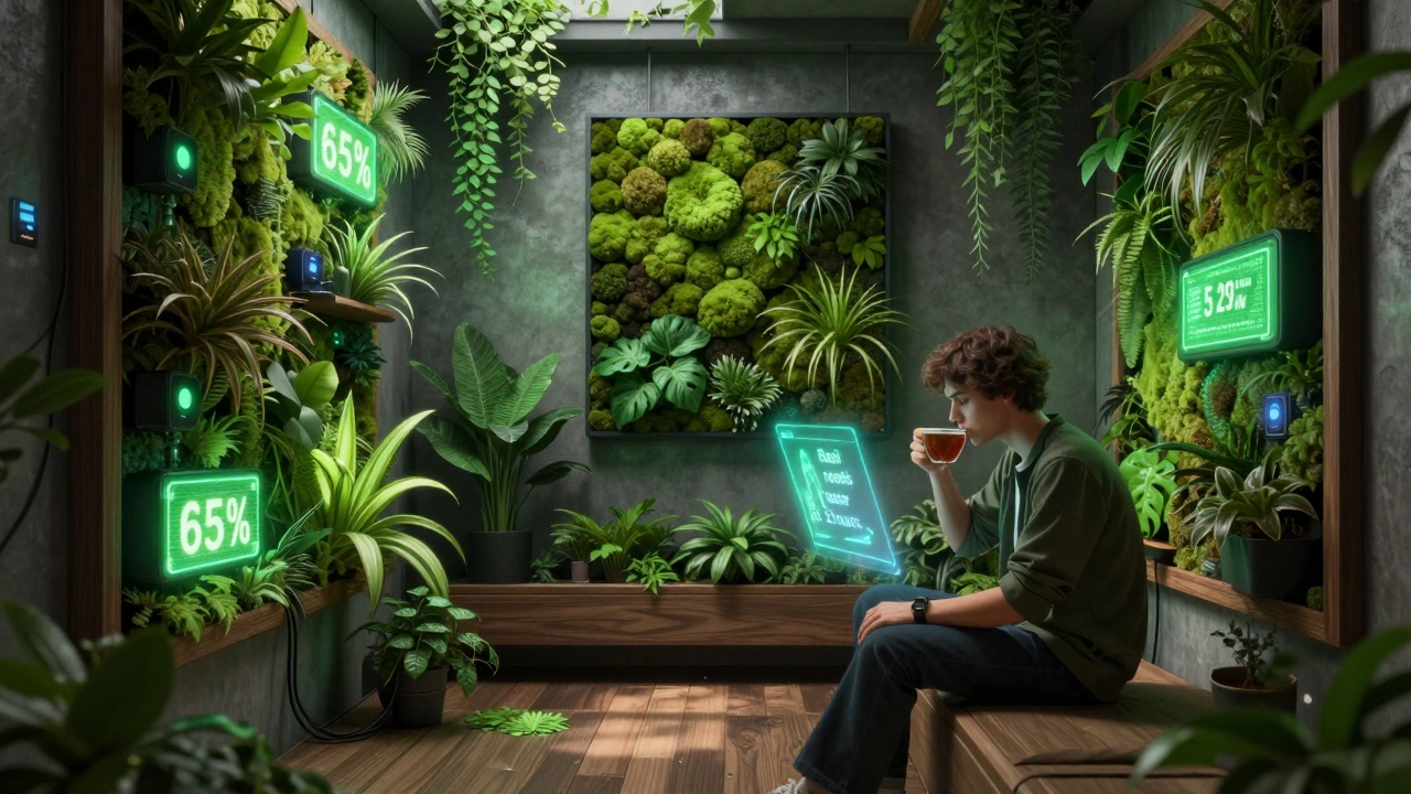 Budoucí byt s chytrými vertikálními zahradami, které reagují na potřeby rostlin a mají holografické upozornění.