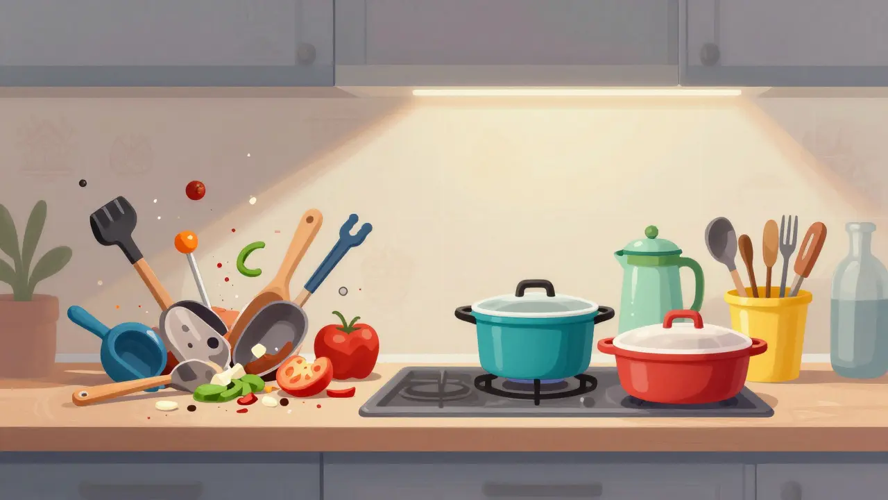 Dvě části kuchyně: chaos bez barevného kódování na levé straně, řád s kódováním na pravé.