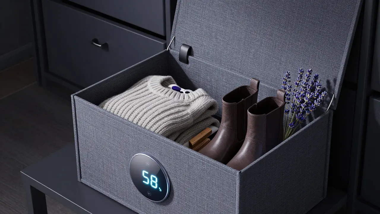 Inteligentní úložná krabice s ukazatelem vlhkosti a levandulí uvnitř.