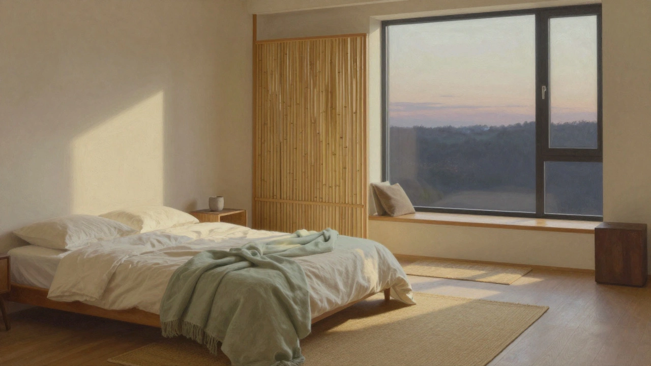 Japonsko-skandinávská ložnice s vlněnou přikrývkou, hlíněnou svíčkou a bambusovou příčkou, osvětlená září večerního soumraku.