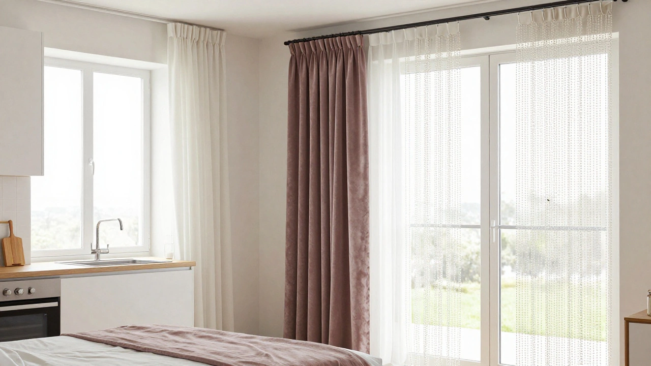 Kombinace záclon a závěsů v různých místnostech doma: kuchyně, ložnice, dveře.