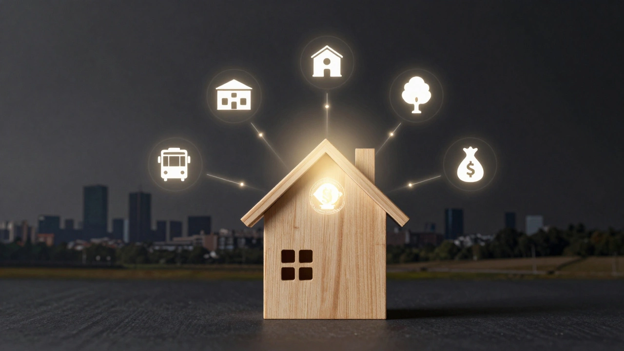 Konceptuální obrázek domu s certifikací Passivhaus a symboly ovlivňujícími jeho cenu.