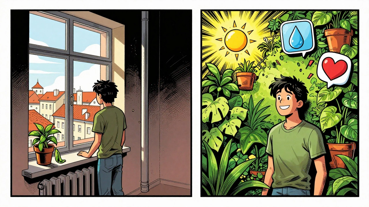 Kreslená scéna: přeměna prázdného bytu v plně zelenou stěnu s rostlinami a symboly světla a vody.