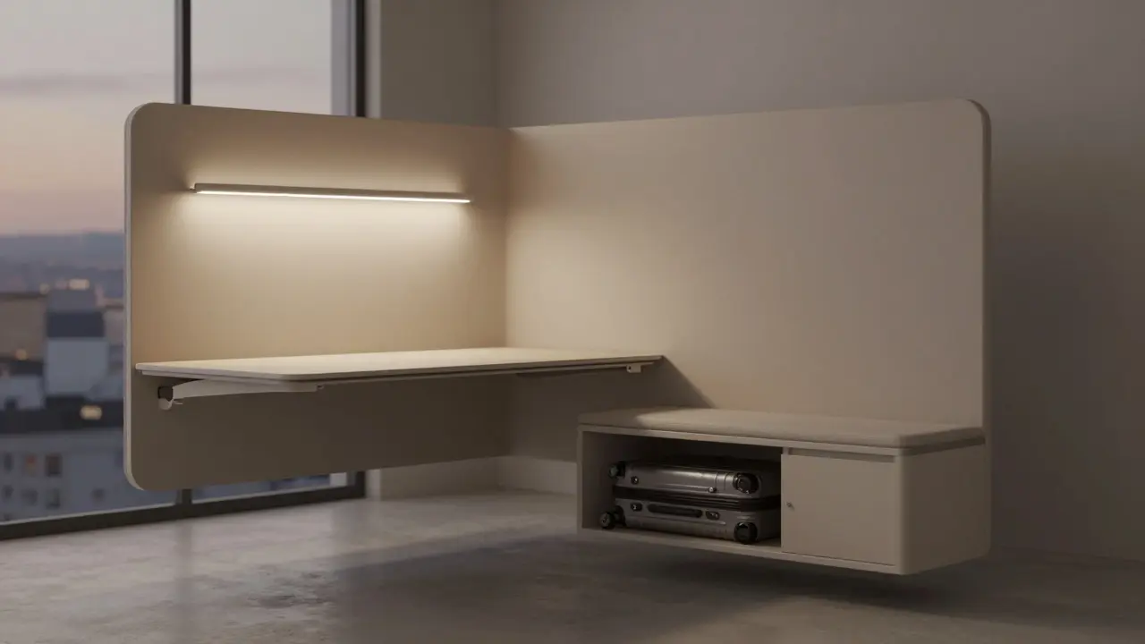 Modulární nábytek v korporátním bytě, který se přizpůsobuje cestovateli: skrytý pracovní stůl, regulovatelné světlo a skryté uložení zavazadel.