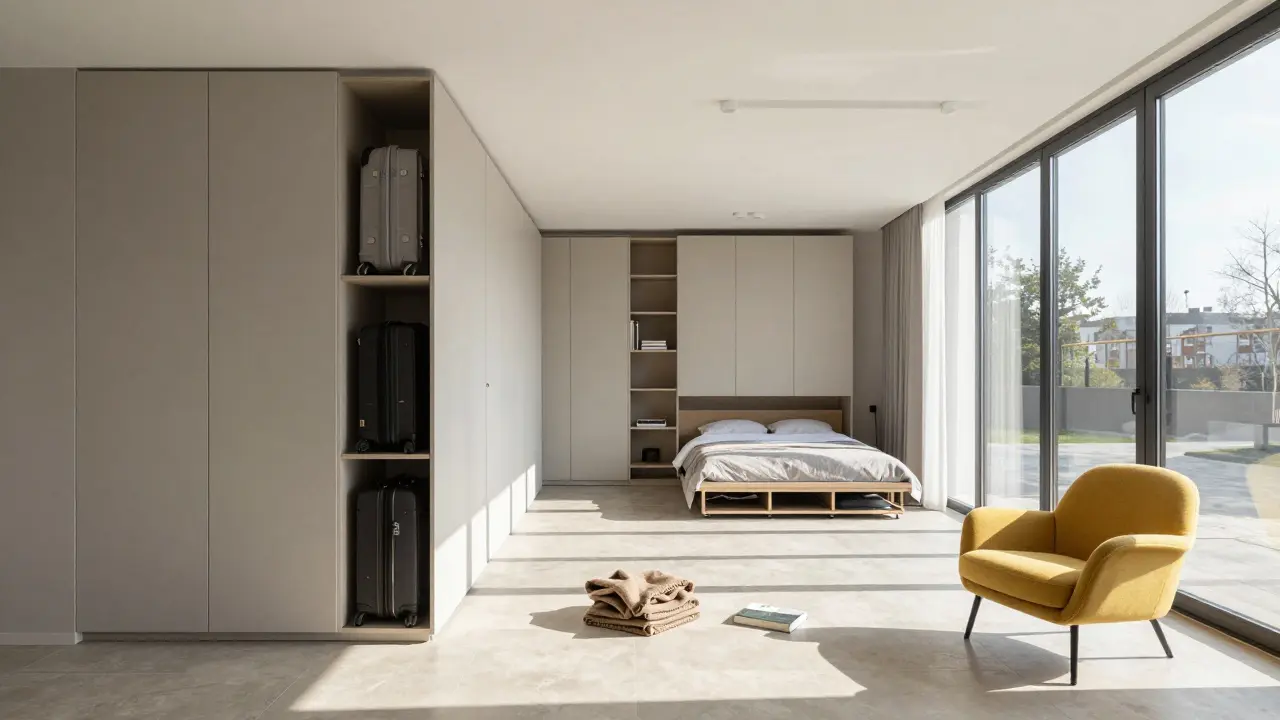 Otevřený plán bytu v Ostravě s přímou osou od vchodu k terase, výškovými skříněmi a žlutou sedačkou, bez šumu a nepotřebného nábytku.