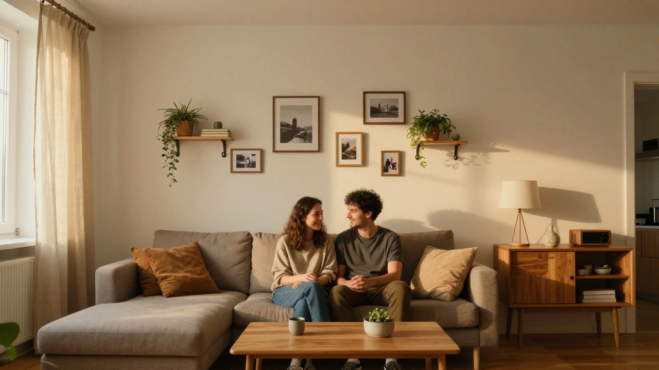 Příjemný nájemní byt s přítlačnými závěsy, adhezivními háčky a volně stojícím nábytkem bez děr ve stěnách.