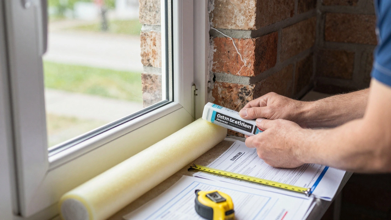 Professional installer sealing window frame with insulation foam, tools and documents nearby.