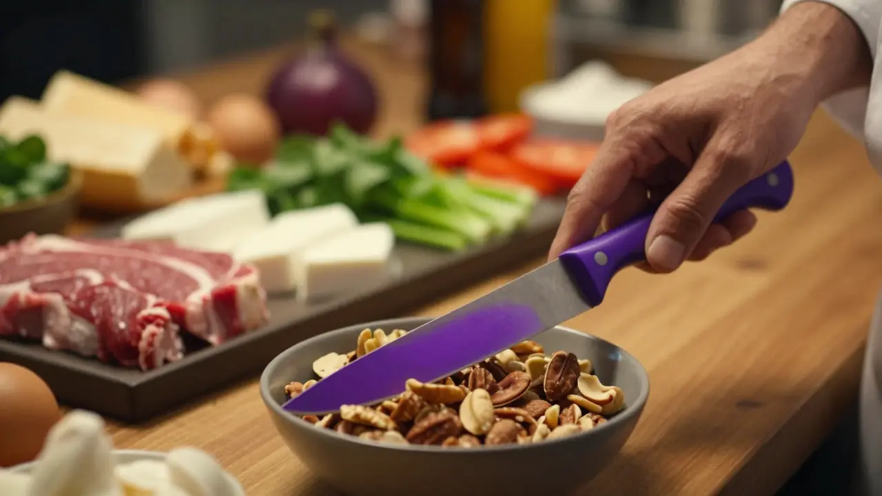 Ruka drží fialový nůž vedle ořechů, ostatní potraviny barevně označeny v pozadí.