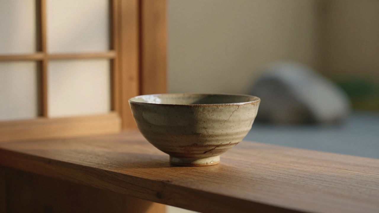 Rukou vyrobená keramická mísa s přirozenými skvrnami a štěrbinami, osvětlená zlatým odpoledním světlem.