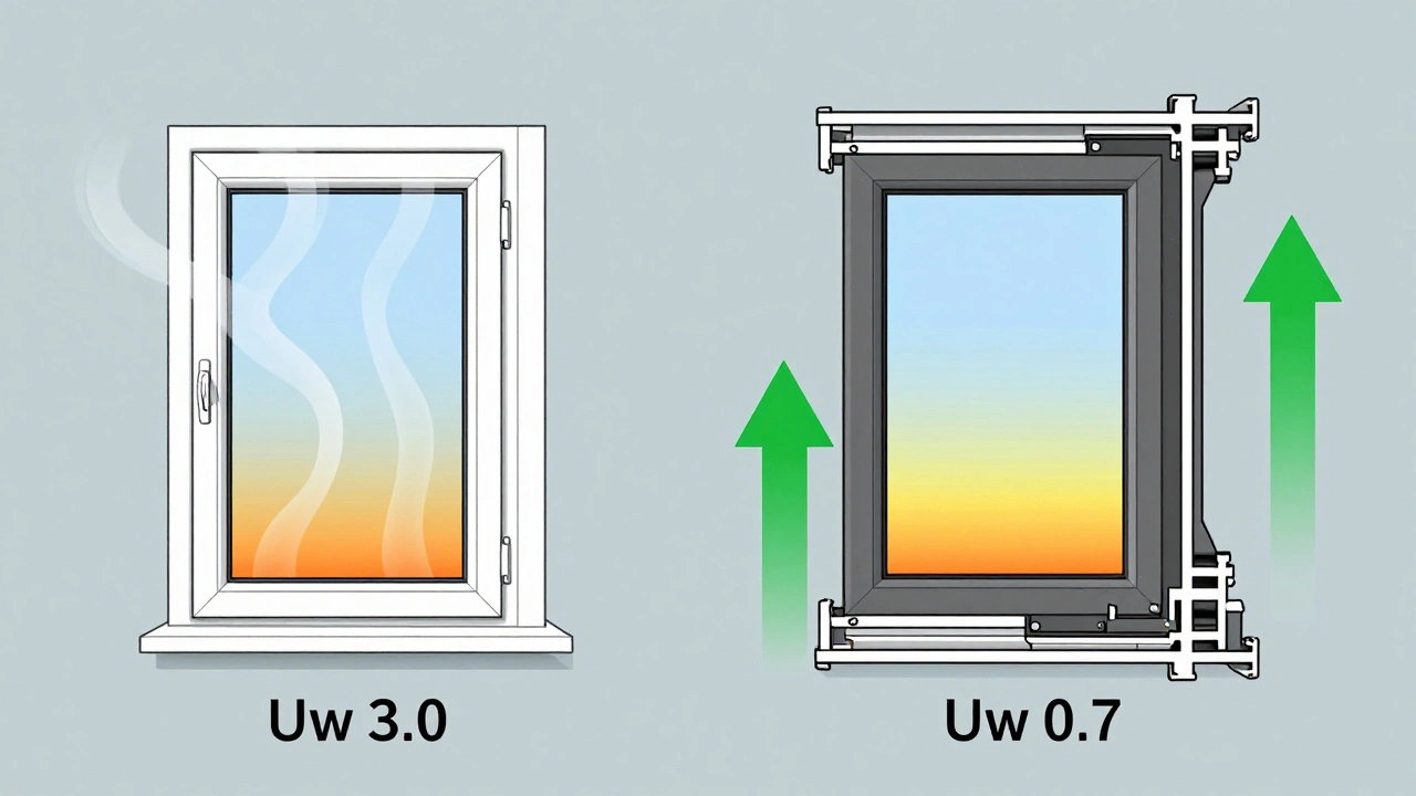 Side-by-side window cross-sections showing old vs. new insulation, heat loss vs. heat retention.