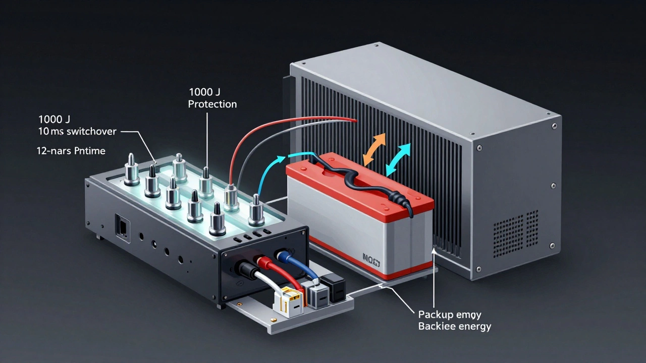 Technický nákres vnitřních částí přepěťovky a UPS s označenými parametry.
