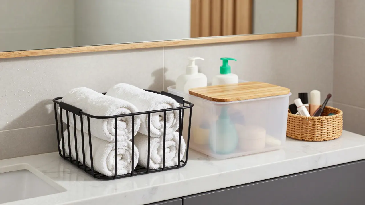 Tři typy úložných košů v koupelně: kovový, plastový a proutěný s čistým designem.