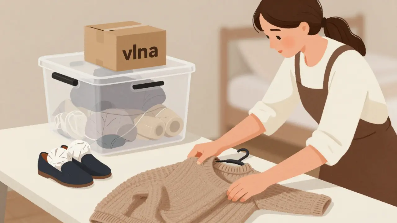 Žena suší vlněný svetr na rovině, vedle ní boty s papírovými výplněmi.