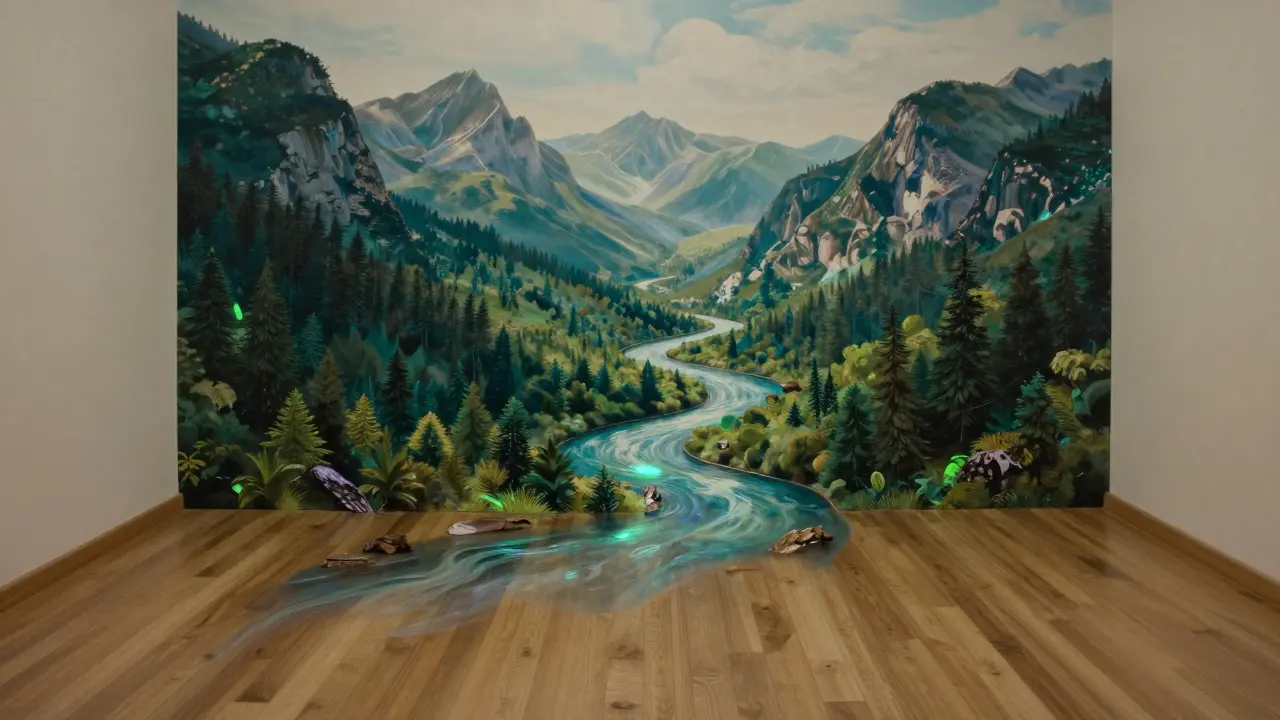 3D panel s tiskem krajiny, která přechází ze stěny na podlahu.