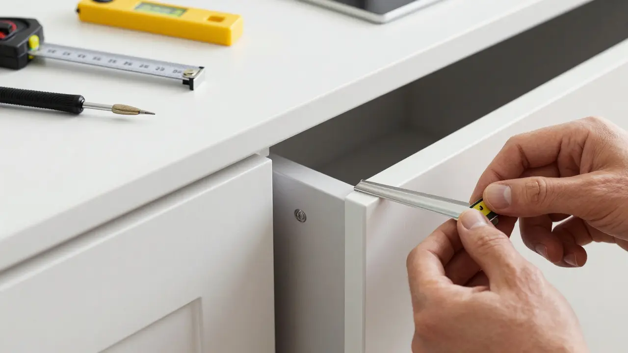Detail přesného mechanizmu bezúchytkové skříně s tenkou kovovou lištou a technikem kalibrujícím instalaci.