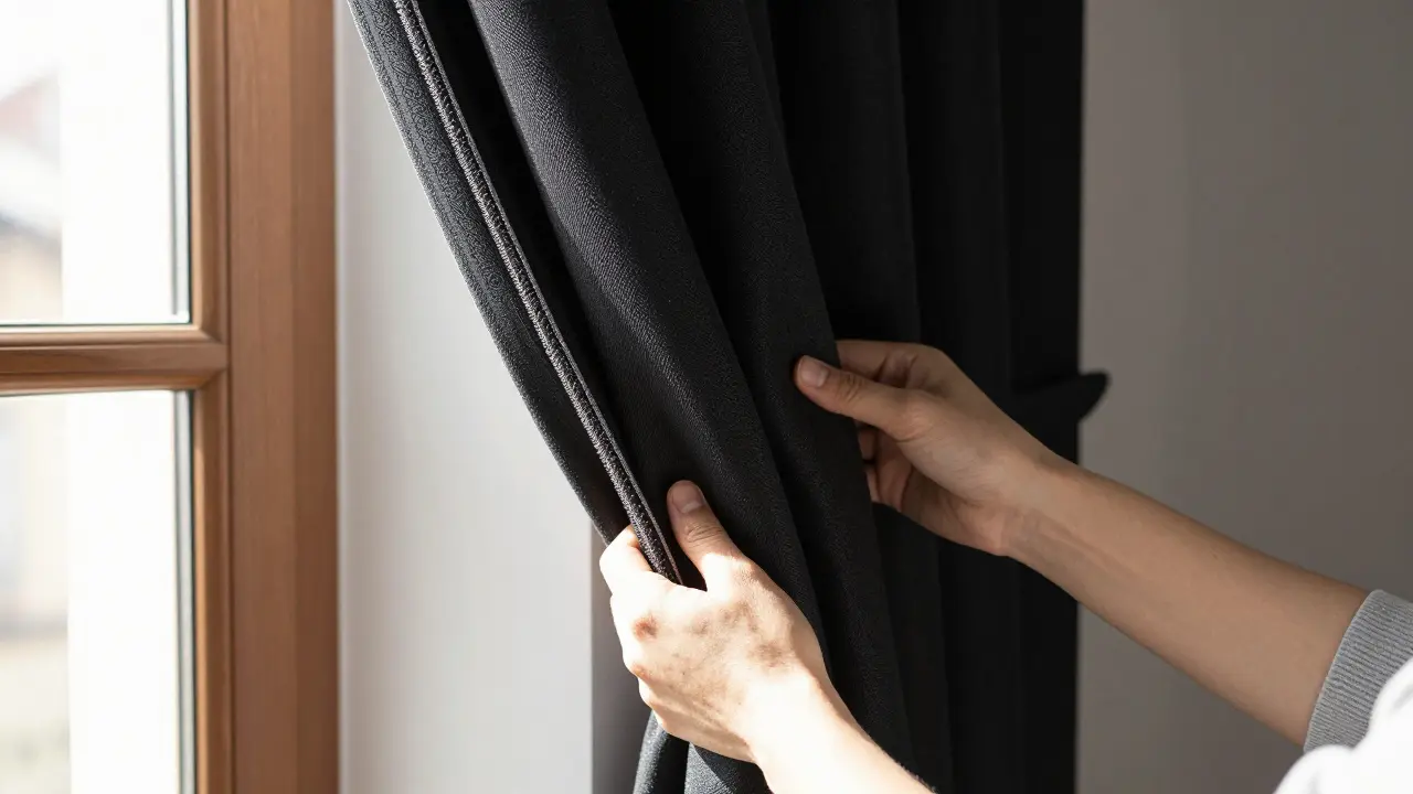 Detail zatemňovacího závěsu s viditelnou trojvrstvou strukturou: dekorativní tkanina, akustická vrstva a tepelná podšívka.