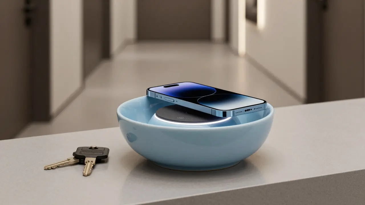 Kameninová miska s bezdrátovým nabíjením a mobilním telefonem v předsíni.