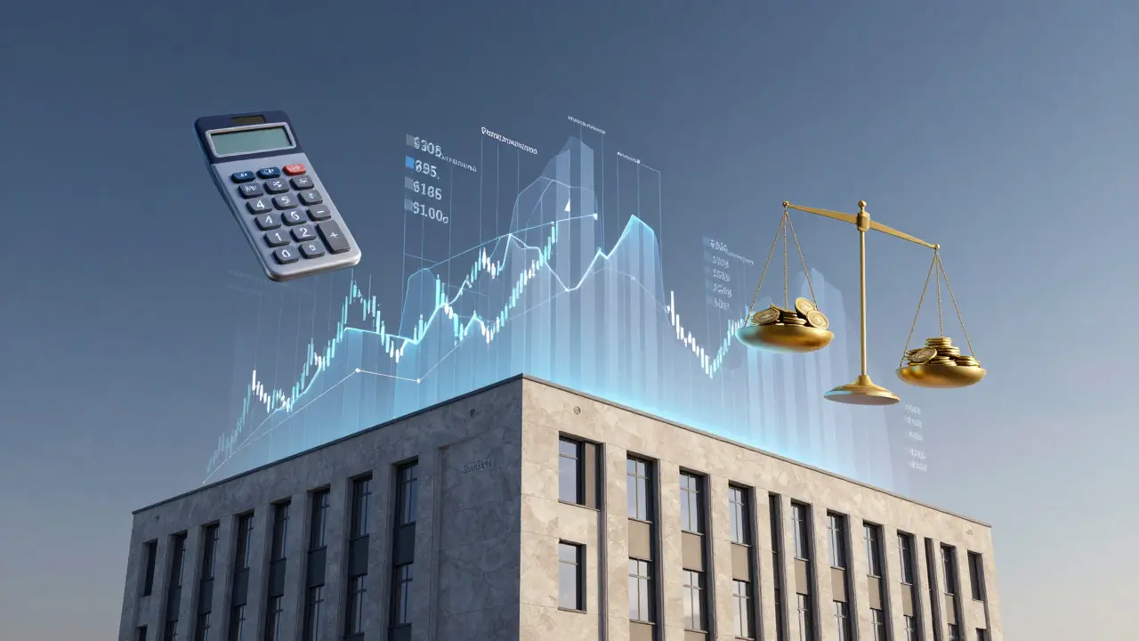 Kancelářská budova s přehledem příjmů a nákladů jako digitální grafy.