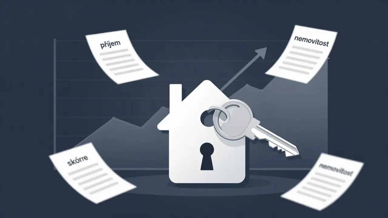 Klíč od domu otvírá zámek ve tvaru bankovní karty s grafem růstu schválení hypoték.