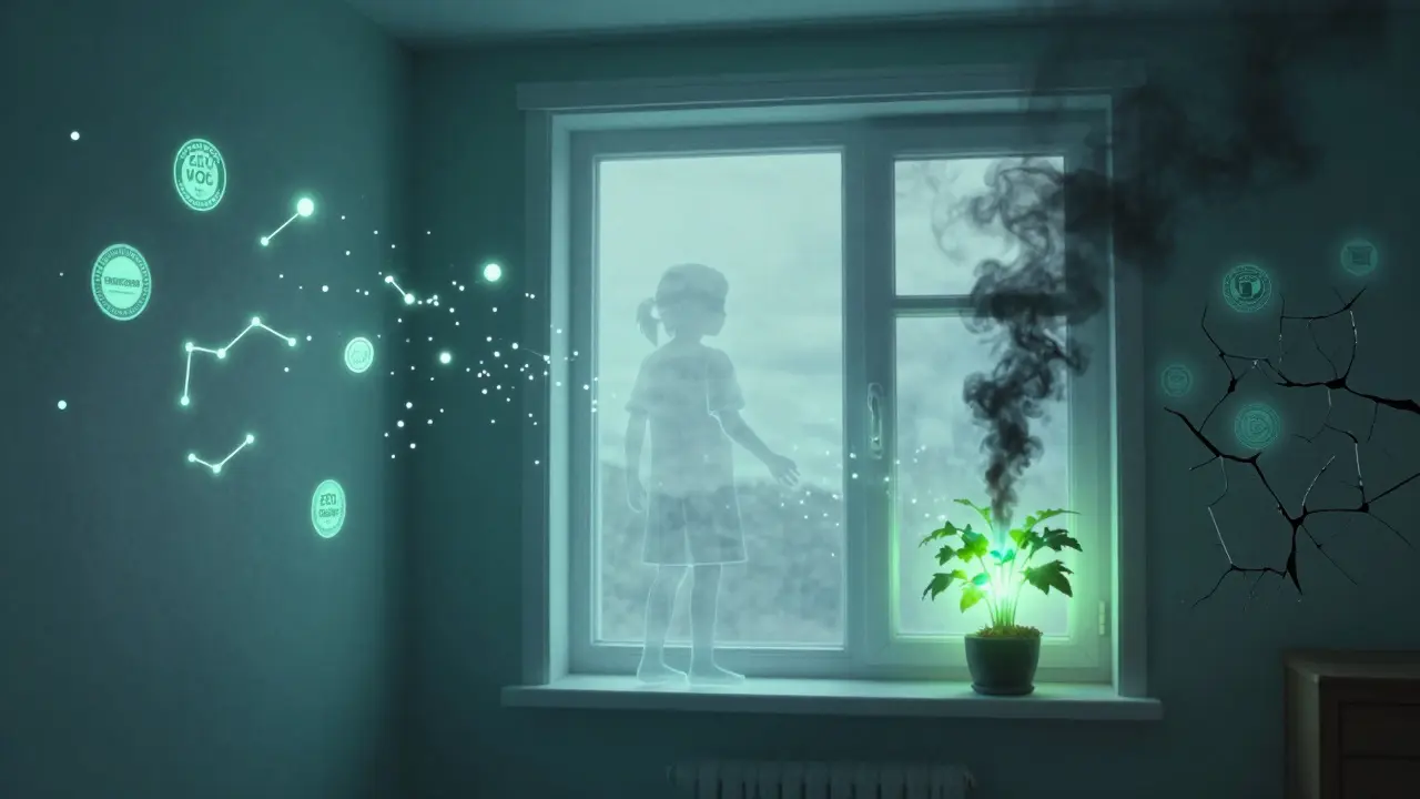 Koncepční obrázek dítěte v bezpečné místnosti s čistým vzduchem a certifikáty jako hvězdy, zatímco škodlivé látky jsou neutralizovány.