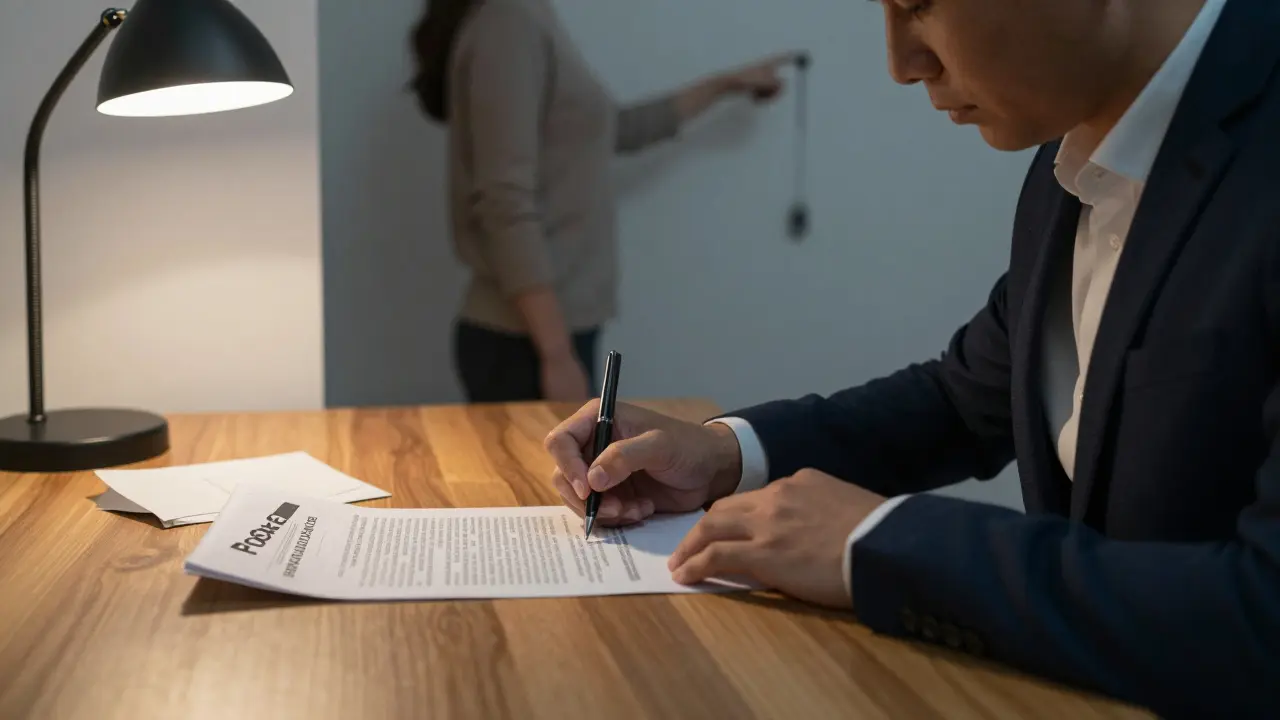 Muž podpisuje smlouvu o prodeji nemovitosti, vedle něj znalecký posudek, symbol upřímnosti.