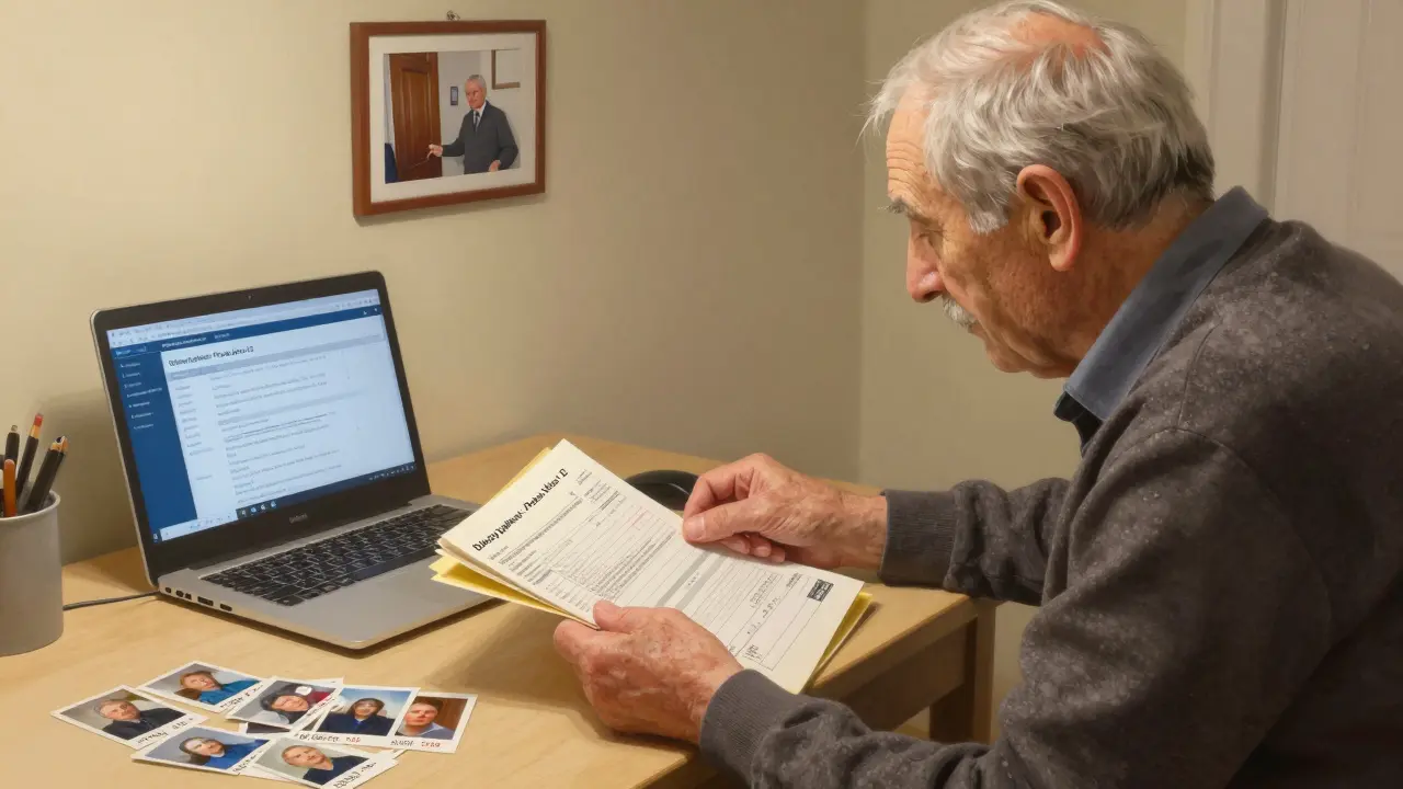 Muž uspořádává důkazy bydlení v kuchyni – faktury, fotografie a složku s názvem 'Důkazy bydlení'.