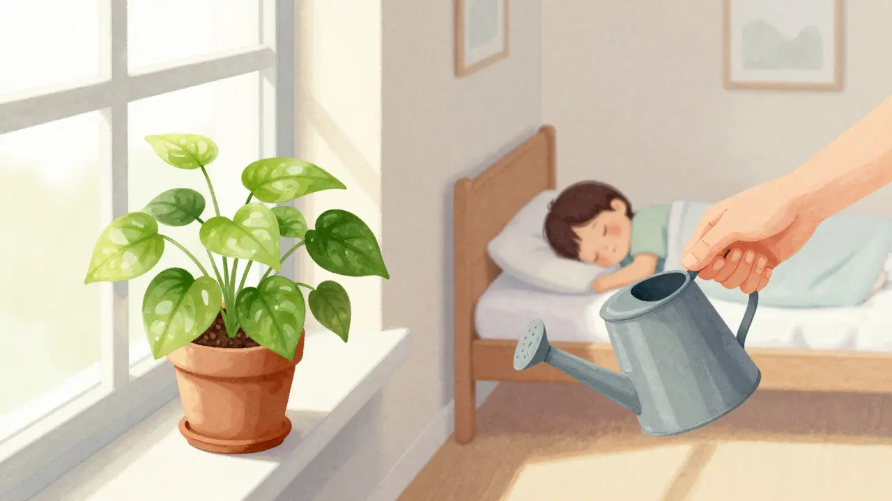 Penízovka na okně s kulatými listy v klidné dětské místnosti.