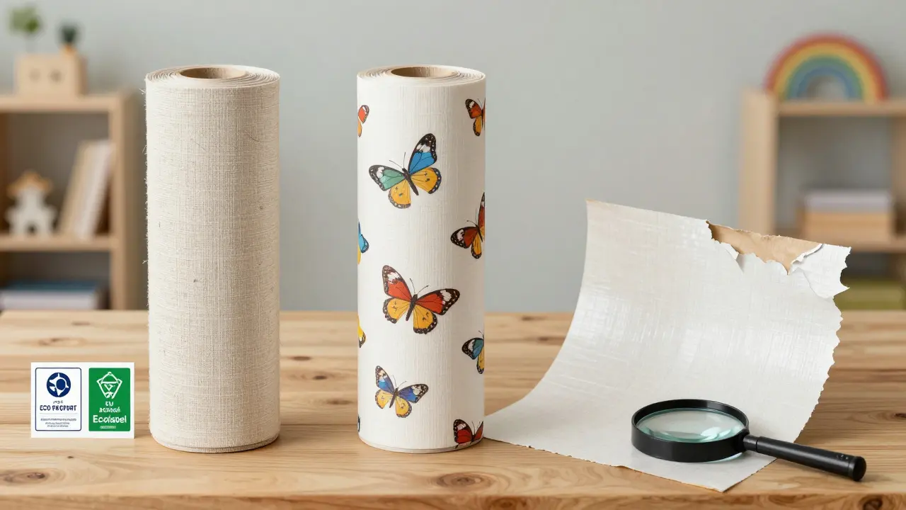 Porovnání tří typů dětských tapet: přírodní lno, eco fólie a PVC flizovina s certifikáty na stole.