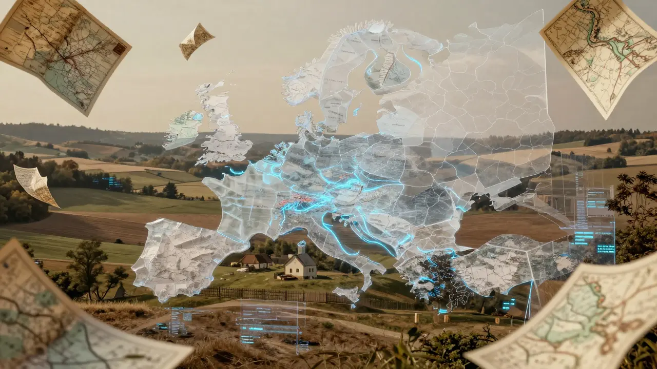 Přechod od historických hranic k moderním digitálním souřadnicím v krajinném výhledu.